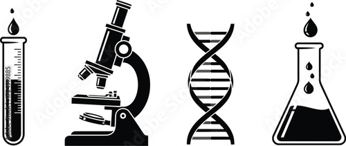 Science and laboratory equipment, including test tubes, microscopes, dna structures, and flasks for research