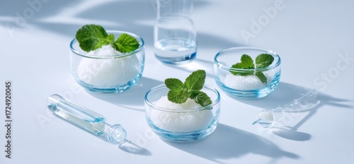 Three bowls containing white crystals topped with mint sprigs, paired with clear glass vials and a carafe against a blue background