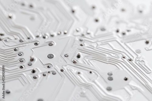 A close-up reveals intricate white circuit board pathways and small solder points in a shallow depth of field, creating an abstract technological scene