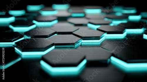 A close-up abstract of dark, matte hexagons illuminated with a bright, aqua-blue glow emanating from their edges on a dark reflective surface