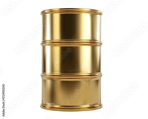 A 3D rendering of a lustrous gold barrel, seen in isolation against a white backdrop, displaying subtle specular highlights and gentle shadows
