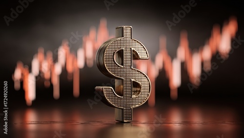 Gold dollar sign stands out against blurred red and black stock market graph reflecting on glossy surface