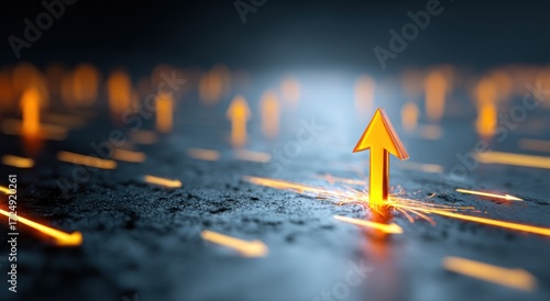 Bold, glowing arrows point forward from a blurred background. One arrow shines, emitting sparks. Dark rough floor. Strong motion and energy