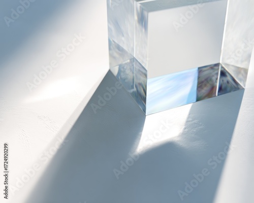 A clear cube casts elongated shadows on a stark white surface, showcasing light refraction and simple geometric forms in a minimalist composition
