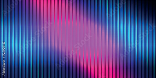 Trendy color horizontal background of ribbed glass effect. Iridescent plastic texture with striped overlay. Gradient banner with holographic texture. Vector illustration.