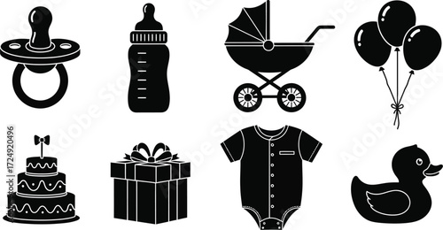Baby shower silhouette set featuring pacifier, bottle, stroller, balloons, cake, gift, onesie, and rubber ducky