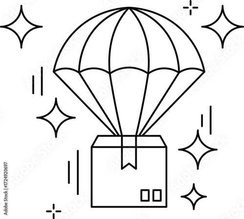 Black outline of a package descending by parachute with sparkles delivery shipping