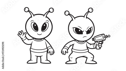 Two friendly aliens cartoon characters waving and holding ray gun Vect