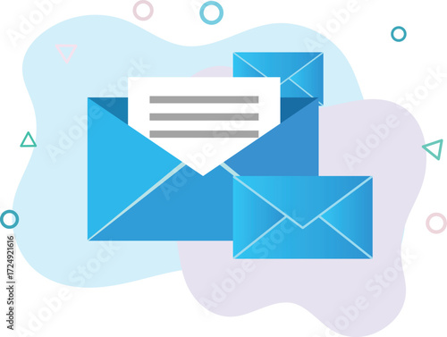 Three blue envelopes with paper and abstract shapes mail letter