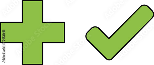 Green plus sign and check mark symbols on white background icon