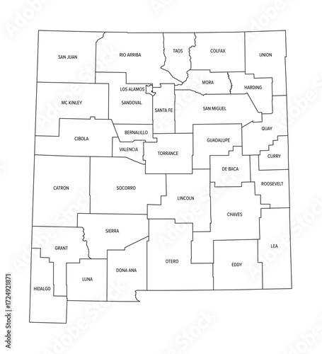 State of New Mexico, divided into 33 counties, outline map. State in the Southwestern region of the United States, one of the Mountain States, nicknamed The Land of Enchantment. Isolated illustration.