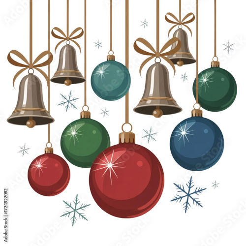 Collection of festive christmas ornaments and bells hanging with ribbons isolated on white background isolated on transparent background