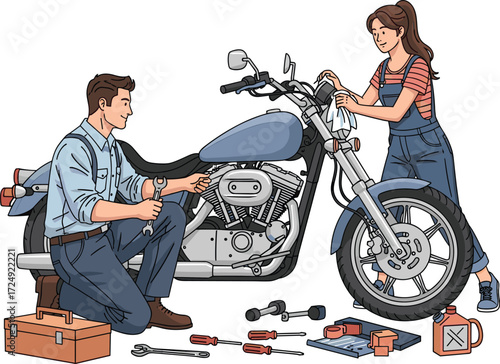 Cartoon Industry Icons Featuring Couple Repairing Motorcycle with Tools, Hands-On Mood, DIY Theme, and Mechanical Collaboration Scene