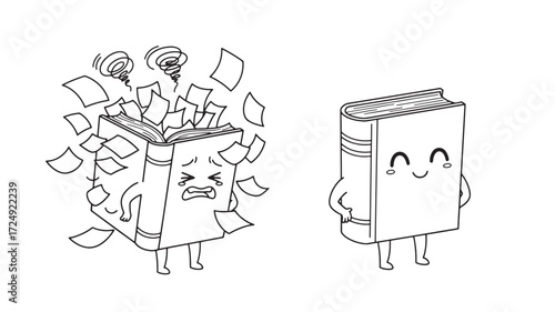 Two cute book characters stressed and happy Vector illustration Minima