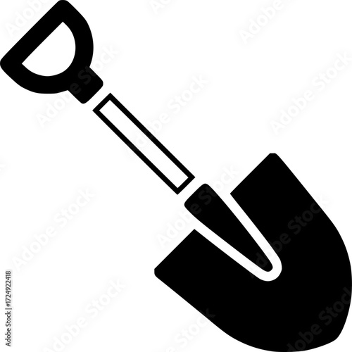 a black shovel icon with white background, simple, illustration