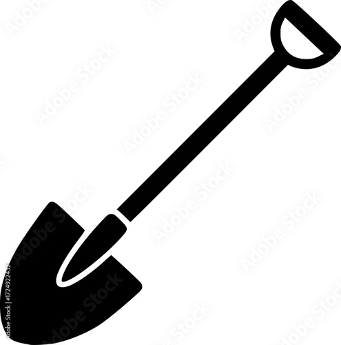 a black shovel icon with white background, simple, illustration