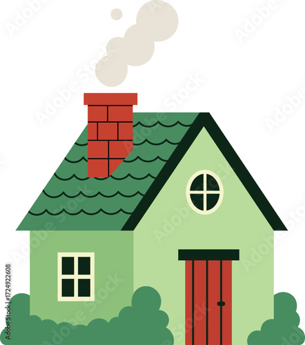Light green house with red door and green roof on white background home building