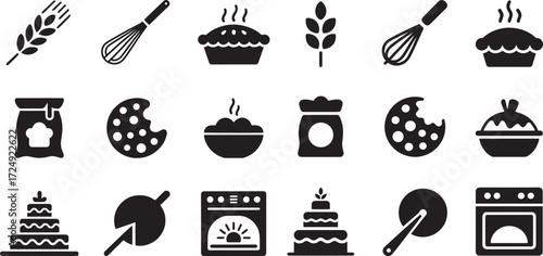 Baking and cooking icons including wheat pies cakes and utensils vector