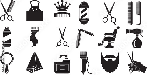Barber shop tools and accessories icons scissors comb