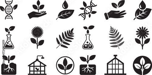 Black icons depicting plants dna and science leaf growth