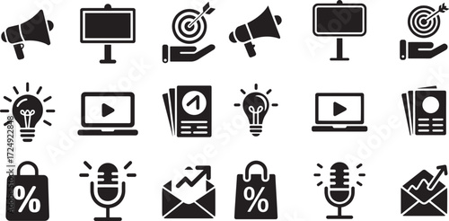 Black marketing and business icons on white background megaphone billboard