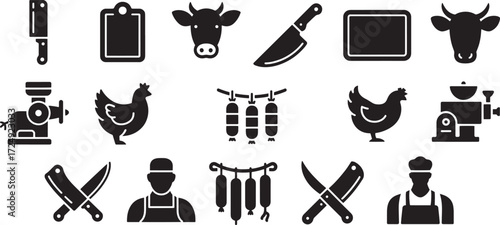 Butcher tools animals and food preparation icons cleaver knife