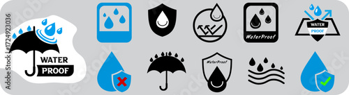 waterproof or water resistant icons for mockup, product, packaging etc. icons for waterproof paint, cloth, chemical, material etc. protection from wet weather, liquid, rain, water droplet, storm etc