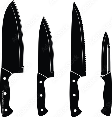 Chef knife set featuring various sizes and types for cutting, slicing, dicing, and peeling in kitchen