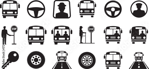 Collection of bus transportation and driving icons vehicle steering