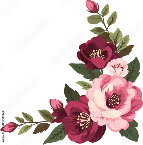 Floral corner decoration with pink and burgundy flower arrangements and green leaves. Watercolor vector illustration in hand-drawn style.