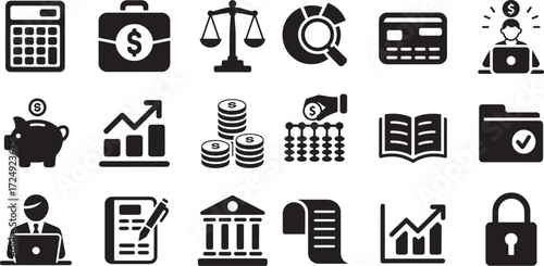 Collection of financial and business icons calculator briefcase