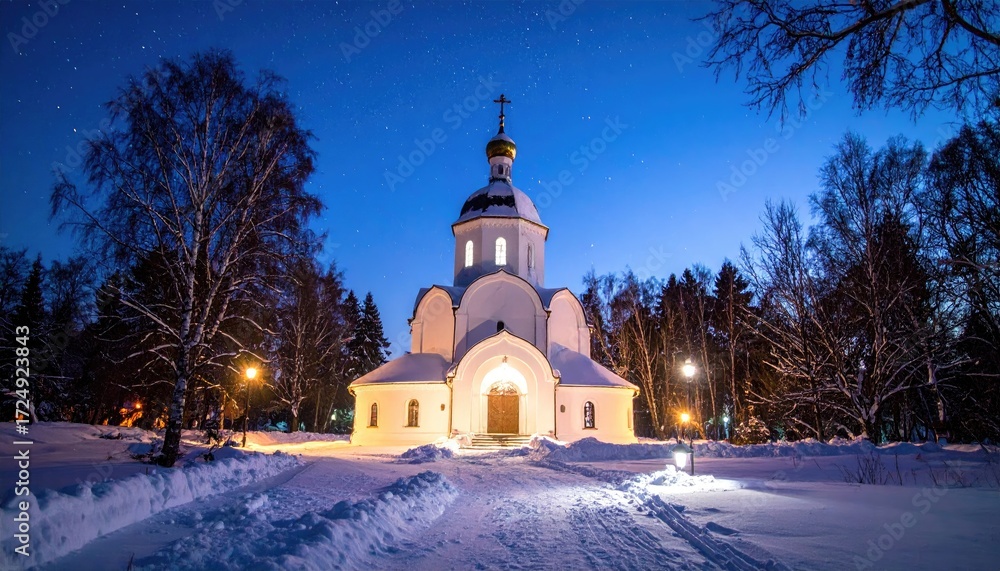 Fototapeta premium Snowy winter church at night