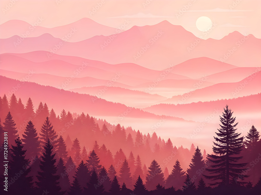Obraz premium Pink and purple mountain range landscape with a misty forest at sunrise