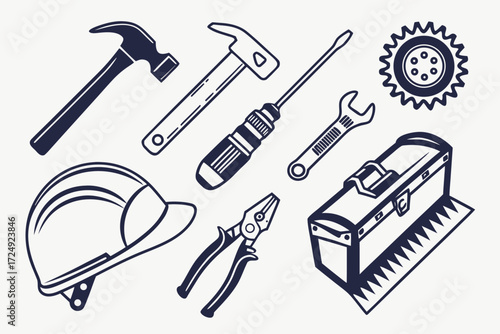 Black silhouette tools icon set including hammer, screwdriver, wrench, saw, and drill for construction and repair work