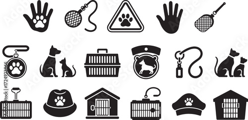 Collection of pet care and animal related icons print hand