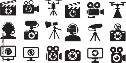 Collection of video and photography equipment icons camera drone