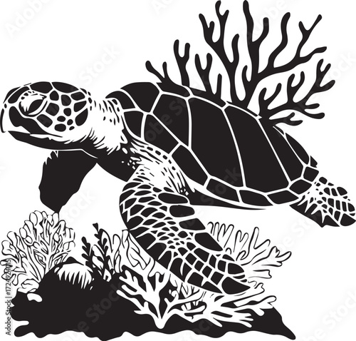 Underwater Serenity: This monochrome illustration showcases a majestic sea turtle gliding peacefully among the coral, capturing the essence of marine life's grace and beauty.