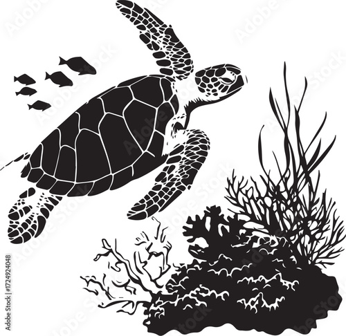 Oceanic Silhouette: A serene black-and-white illustration of a sea turtle gracefully navigating an underwater world, surrounded by coral and fish, a timeless symbol of ocean's peace and life.