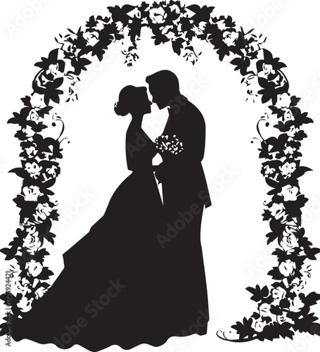 Wedding Silhouette: A tender moment captured in a romantic silhouette, a bride and groom embrace beneath a floral arch, creating an artistic tableau of love and commitment.