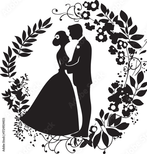 Eternal Vows: A silhouette of a bride and groom embracing inside a floral wreath, the epitome of romantic elegance, signifying everlasting commitment and the beauty of union.
