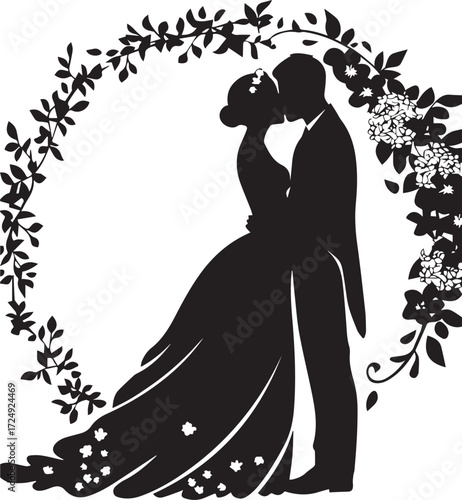 Silhouette of a Romantic Kiss: A tender moment is captured in a beautifully crafted silhouette, a couple sharing a kiss framed by an elegant wreath of leaves and flowers, perfect for celebrating love.