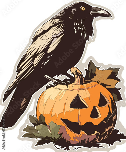 Halloween's Ominous Gathering: A darkly alluring image featuring a raven perched atop a carved jack-o'-lantern, symbolizing the enigmatic spirit of All Hallow's Eve.