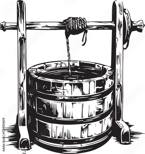 Ancient Water Well: A detailed monochrome illustration of an old, wooden water well, showcasing the rustic charm of historical construction and a glimpse into the past.