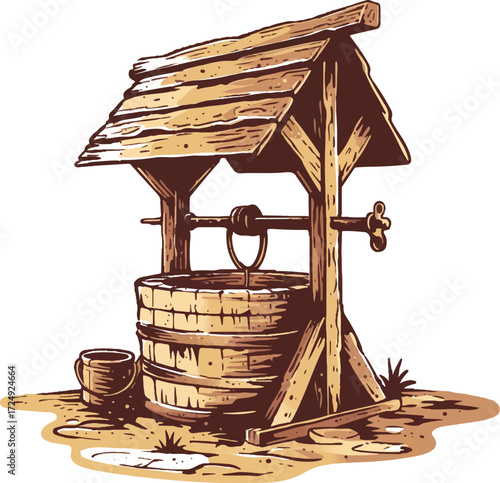 Old Well in Nature: An inviting illustration depicts a classic well structure, a symbol of history and refreshment, situated in a natural setting. It’s a rustic scene inviting peace and contemplation.