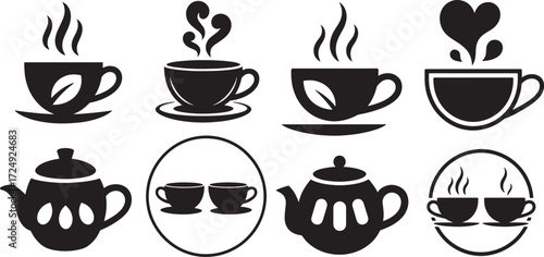 Hot beverage cups and teapots with steam and leaf designs coffee