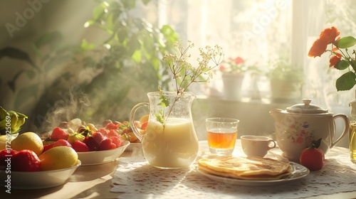 Breakfast Table with Pancakes, Fresh Fruits, Milk Pitcher, Teapot, and Cups in Cozy Natural Light