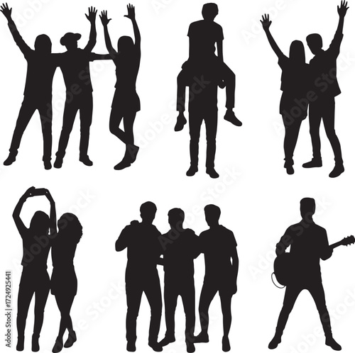 Silhouettes of people celebrating dancing and playing music black white
