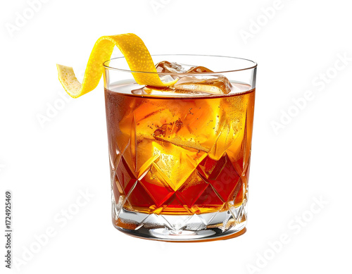 Dark amber cocktail in a rocks glass, garnished with lemon peel