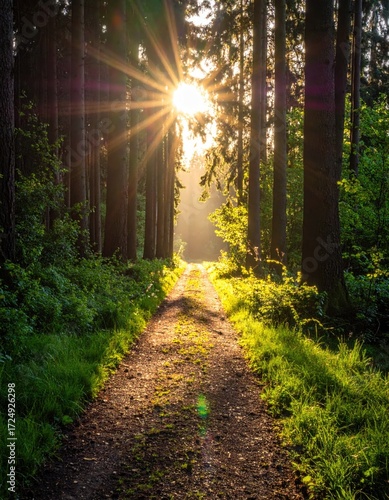 Fototapeta Naklejka Na Ścianę i Meble -  Sunlight streams through a forest path (4)