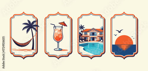 Retro Tropical Vacation and Luxury Travel Labels Set with Seaside Relaxation Icons, Featuring Palm Tree Hammock, Summer Cocktail, Beach Villa Poolside, and Sunset Illustration in Vintage Style.